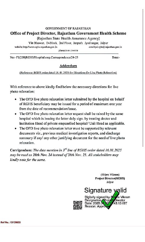 RGHS Order Dated 16.01.2025 for Directions for Live Photo Relaxation